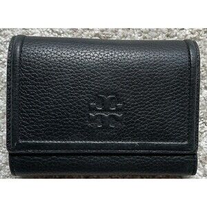 Tory Burch Thea Black Pebbled Trifold Leather Wallet EUC